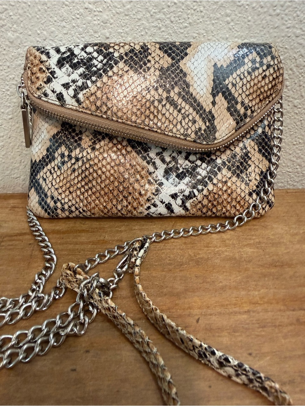 HOBO Snakeskin Embossed Convertible Crossbody Clutch Bag Chain Strap